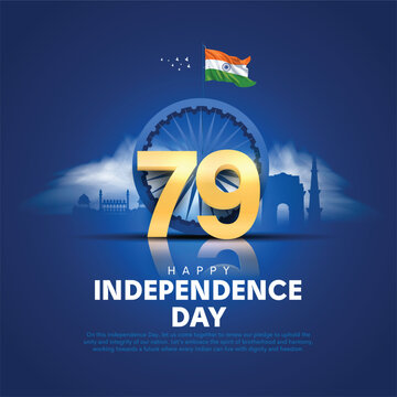 Happy 79th independence day of India. 3d Ashoka chakra with golden number,  Indian flag and landmarks. Creative vector illustration design.