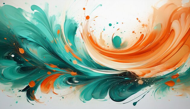 abstract painting with swirling teal and orange brushstrokes accented by splattered dots on a white background