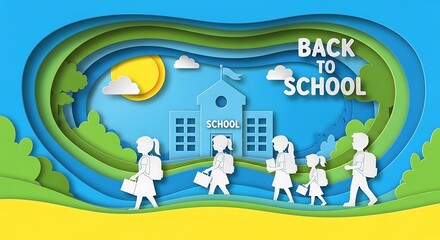 Obraz premium Back to School Paper Cutout Illustration of Children Walking to School