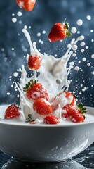 Fresh strawberries falling into a bowl of milk.