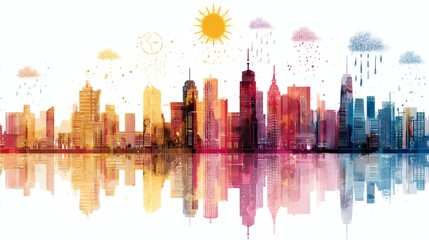 Fototapeta premium Colorful City Skyline with Sun, Clouds, and Reflection in Water