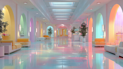 Bright Pastel Hallway with Arches and Shiny Floor