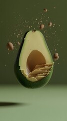 Half avocado with exploded pieces.
