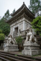 Obraz premium Ancient temple with stone guardians in a serene setting capturing architectural details and history