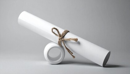 White Rolled Certificate Tied with Twine on Grey Background