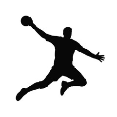 Silhouette of a handball player jumping and throwing the ball during a game