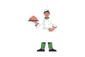 Chef with covered dish, restaurant staff, culinary uniform, professional cook, kitchen worker, modern vector design