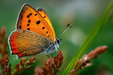 Obraz premium Detailed view of a bright orange and black lycaena phlaeas butterfly resting on a plant