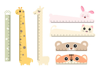 Children rulers with cute animals in a flat style on a white background. Back to school