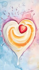 Heart-shaped yogurt swirl with a strawberry, in vibrant colors.