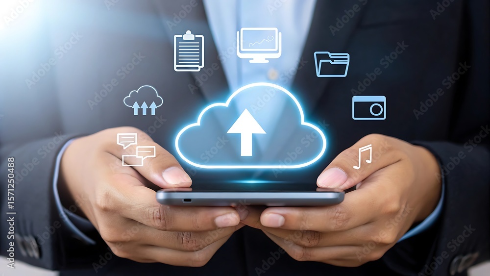 Poster businessman using smartphone with glowing cloud technology icons for data upload storage communicati