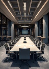 Modern business meeting room with large table empty chairs office interior with no people commercial decoration in grey colors marketing documents at workplaces with nobody Empty room interior de