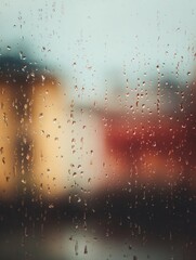 Blurred photography of rain falling against window mood setting urban environment closeup viewpoint