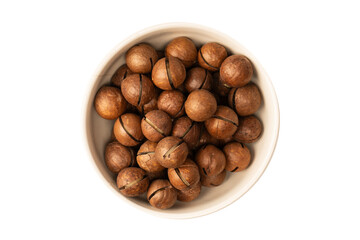 Macadamia nuts in a shell isolated on a white background.