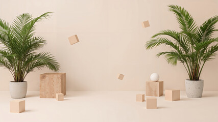 Modern minimalist decor with floating cubes and plants