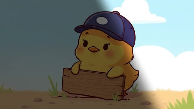 Cartoon Chick with Sign and Baseball Cap