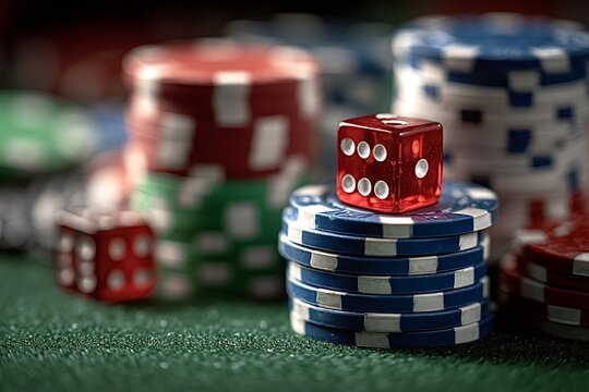 Red translucent dice showing three is sitting on a stack of blue and white poker chips with stacks of red and green chips blurred in the background on a green felt table - Powered by Adobe