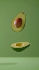 Two halves of an avocado levitate against a vibrant backdrop.