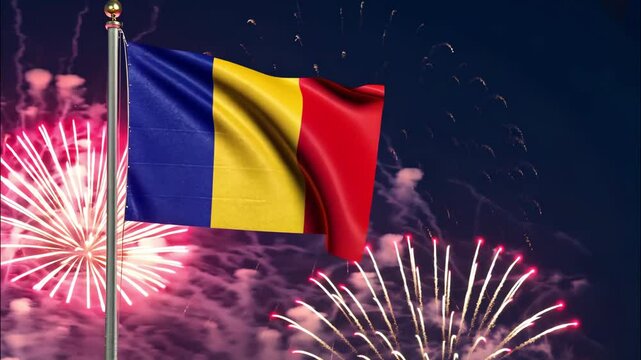National flag independence state Chad, background fireworks. AI Generative