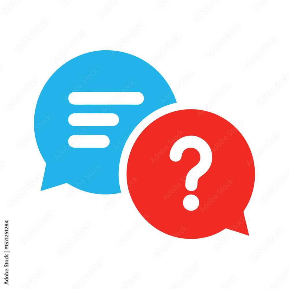 Poster blue and red speech bubbles with question mark and text lines chat