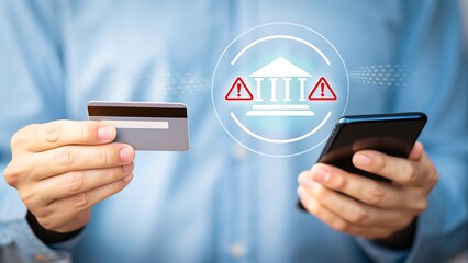 Man holding credit card and smartphone with bank building icon and warning signs indicating financial risk or security alert