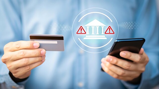 Man holding credit card and smartphone with bank building icon and warning signs indicating financial risk or security alert