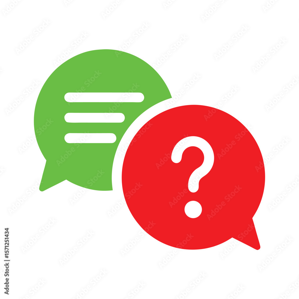 Poster green and red speech bubbles with question mark and text communication dialogue