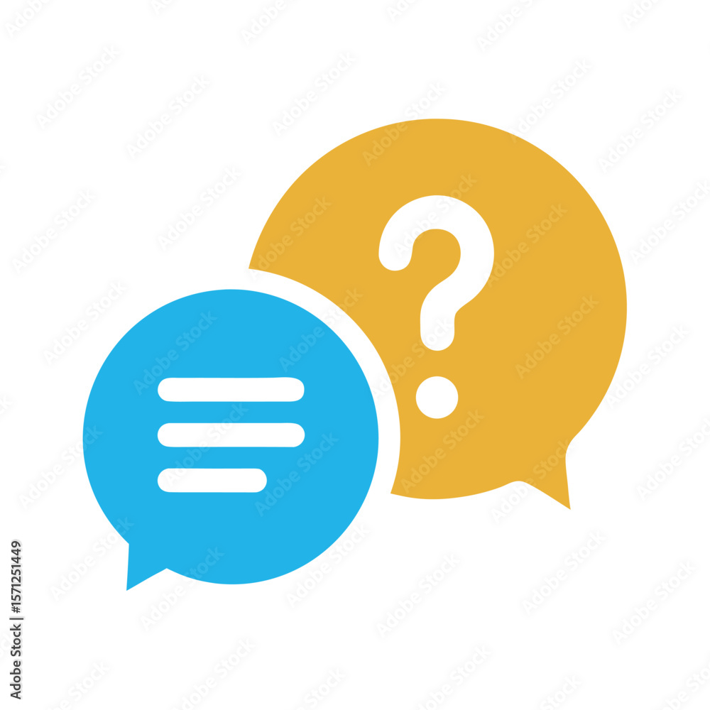 Poster blue and yellow speech bubbles with question mark and text lines chat communication