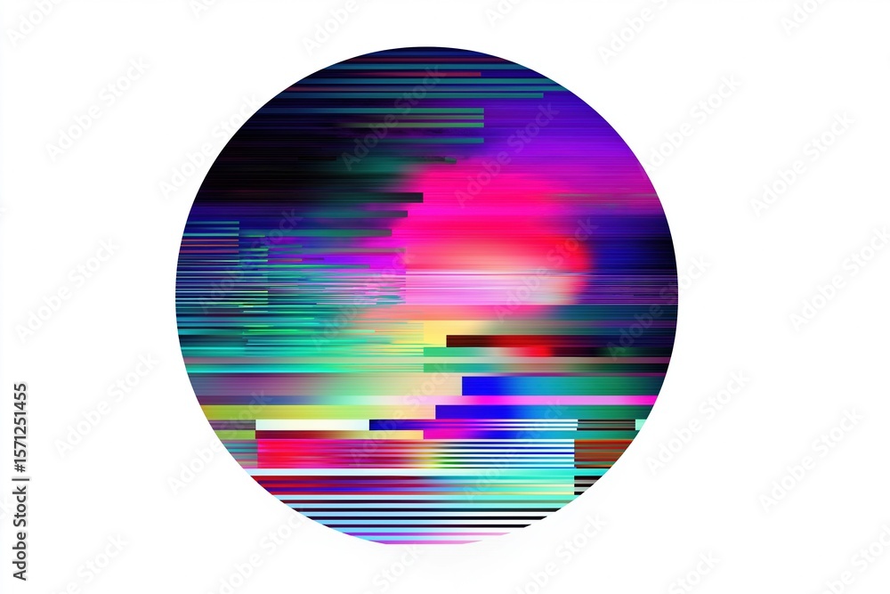 Poster vibrant abstract circle with dynamic glitch effect and multicolored stripes