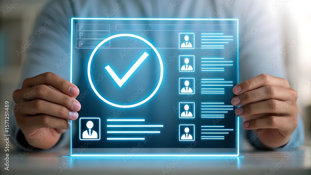 Poster person holding a futuristic transparent screen displaying a digital checklist with a large glowing c