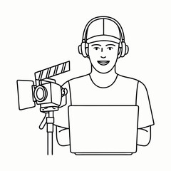 a video editor wearing a t‑shirt and cap, holding a laptop. creative professional setting