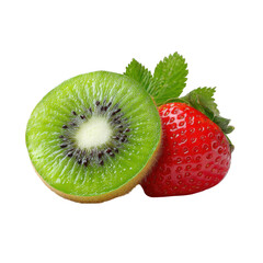 Freshly cut kiwi fruit and ripe strawberry with green leaves isolated on transparent background