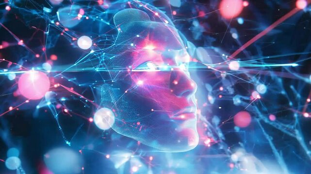 An abstract representation of artificial intelligence showcases a human like face amid a colorful digital network of interconnected nodes