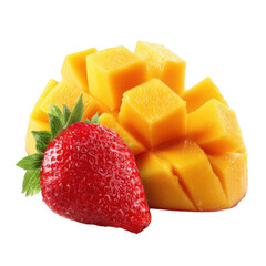 Fresh strawberry and cubed mango fruit combination isolated on transparent background