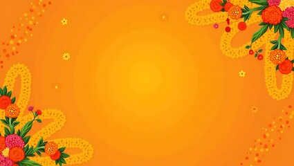 Indian festive garland frame with yellow and red flower decorations on bright orange background perfect for diwali, durga puja, navratri, wedding invitation, spiritual celebrations and cards