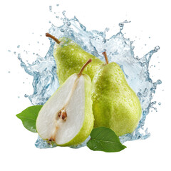 Fresh green pears splashing in water with leaves isolated on transparent background