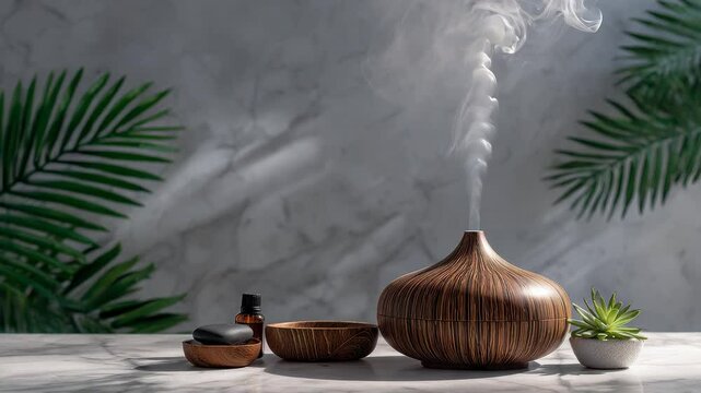 Steam rises from a stylish diffuser creating a calming atmosphere surrounded by elegant decor and greenery