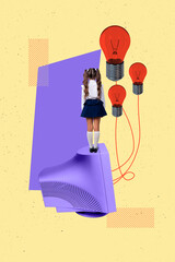 Composite zine pop trend collage of anonym preteen schoolgirl stand back pc monitor light bulb...