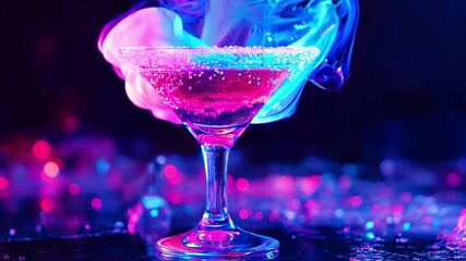 A cocktail with smoke and colorful lighting is presented in an elegant glass at a contemporary bar during an evening gathering - Powered by Adobe
