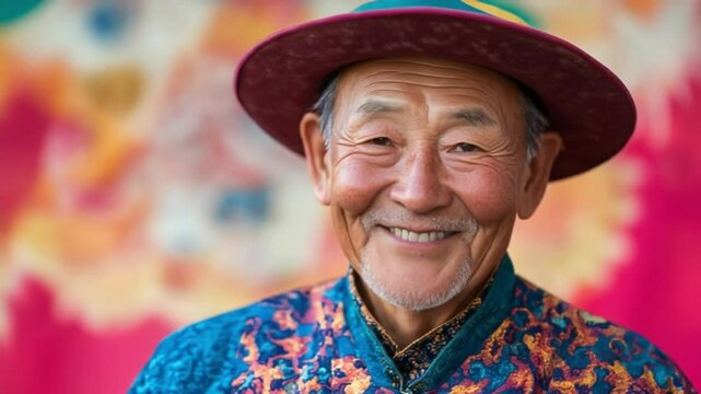 Smiling elder in colorful attire