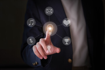 A girl in a business suit interacts with a virtual network.