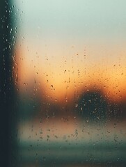 Closeup blurred photography of falling rain on window at sunset capturing nature's serenity and emotion