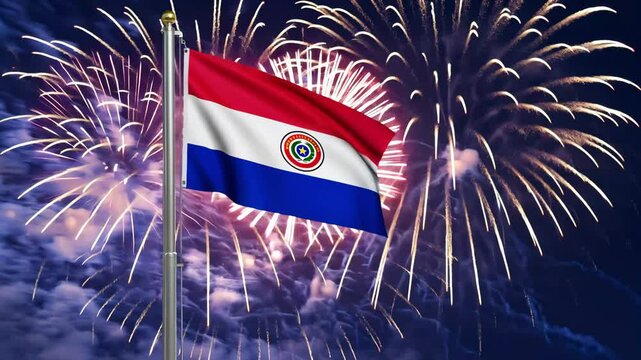 National flag independence state Paraguay, background fireworks. AI Generative