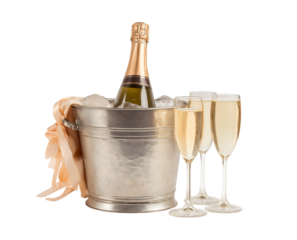A metal ice bucket with ribbons and champagne bottles inside isolated on a transparent background