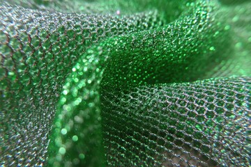 A shimmering green and silver net fabric featuring metallic threads This enchanting floral mesh dazzles with its vibrant clarity making a statement