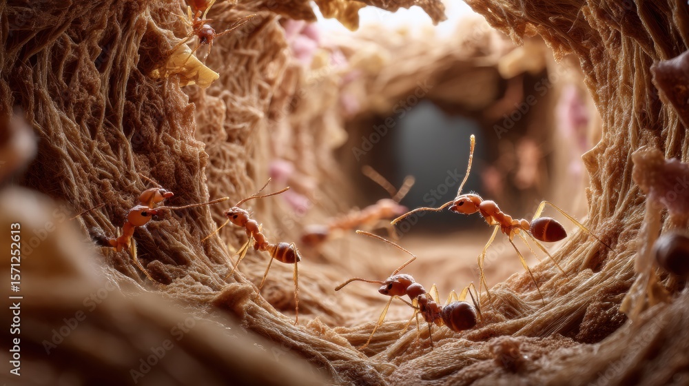 Poster intricate view from deep inside ant hill, showcasing network of tunnels and active ants. scene captu