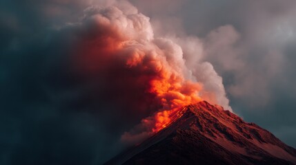 Fiery lava erupts from volcanic peak, surrounded by dramatic clouds and smoke, creating breathtaking and intense natural spectacle. scene captures raw power of nature