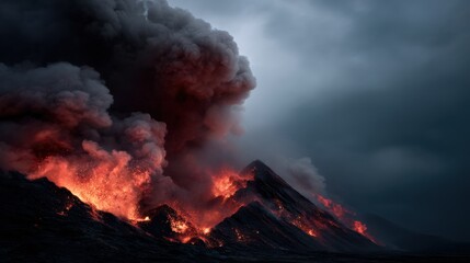 Fototapeta premium Fiery lava flows from volcanic eruption, creating dramatic scene with thick smoke and dark clouds. intense heat and energy evoke sense of awe and danger