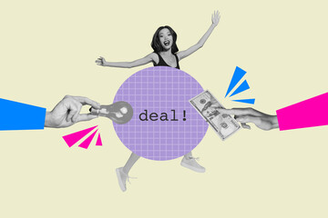 Exclusive artwork banner creative collage of happy businesswoman businessman stand hands hold light...