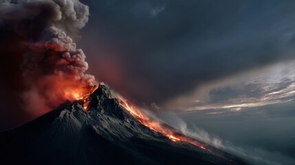 Fototapeta premium Dramatic volcanic eruption showcases fiery lava flowing down mountainside, surrounded by thick smoke and ash clouds. scene captures raw power of nature, evoking awe and fear